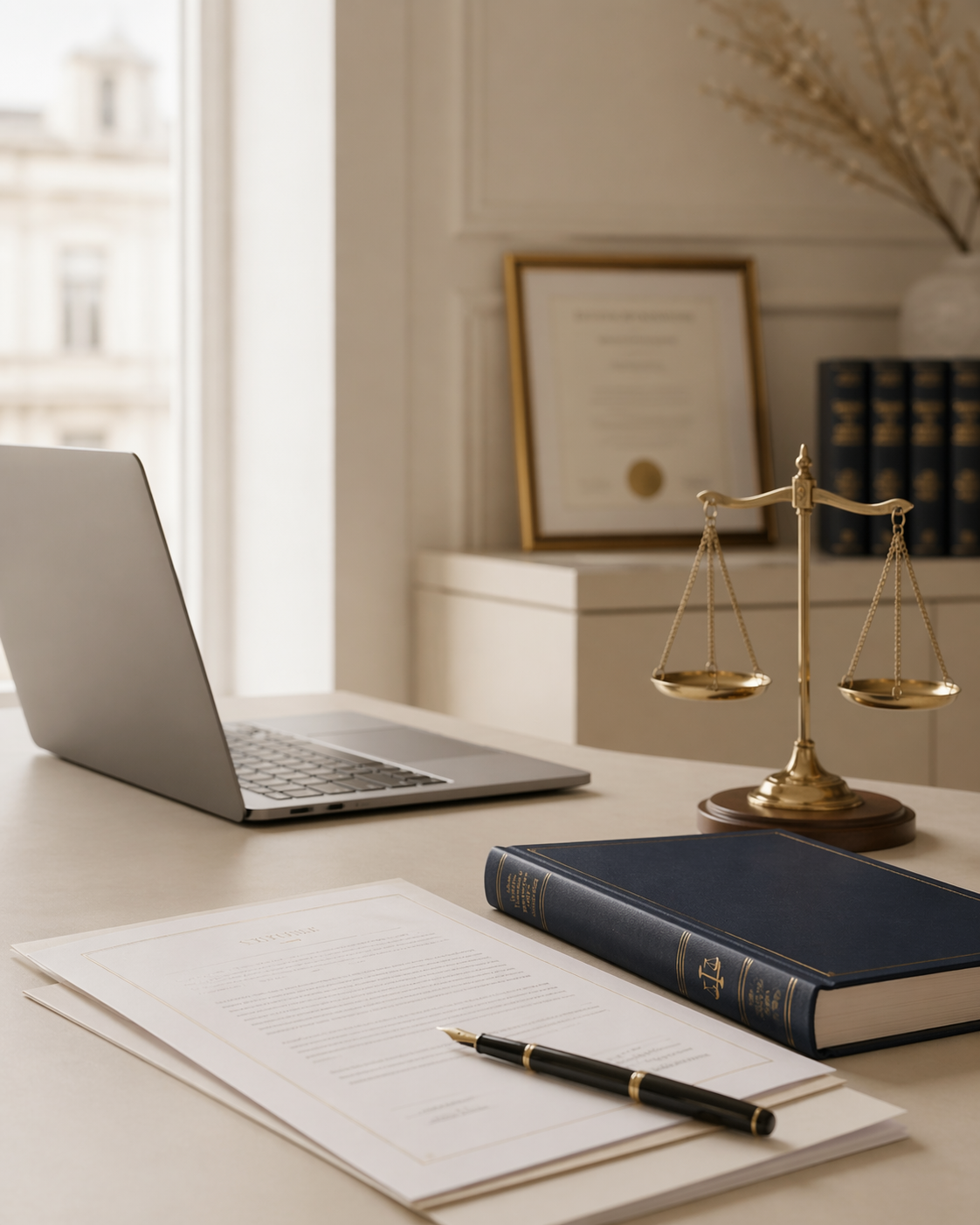 Elegantna kancelarijska scena sa laptopom, dokumentima i pravnim detaljima